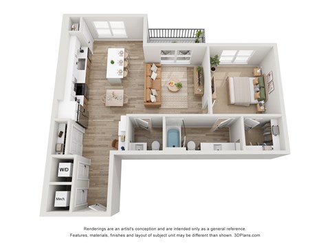 Floor plan for 1 bed, 1 bath, 893 sqft